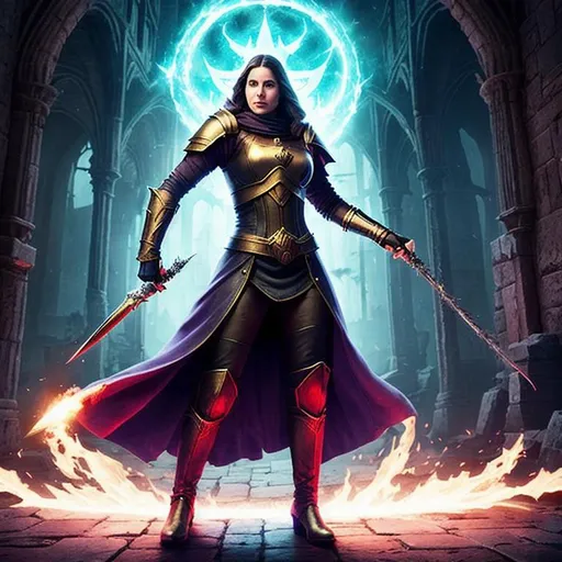 Prompt: A female heretic destroying evil with magic