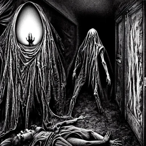 Prompt: A realistic hyper detailed image of the depressed dark and scary detailed and realistic looking in from the outside of hell of the worst fear anyone has ever had nightmares demons with blank faces Different images or items in image that are all apart of the the whole nightmare demonic energy haunting and deep 