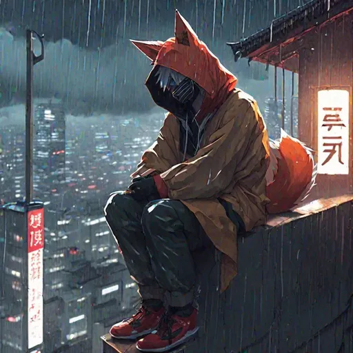 Prompt: Anime man with a Kitsune mask and hoodie, sitting on a ledge, in the rain on the top of a building