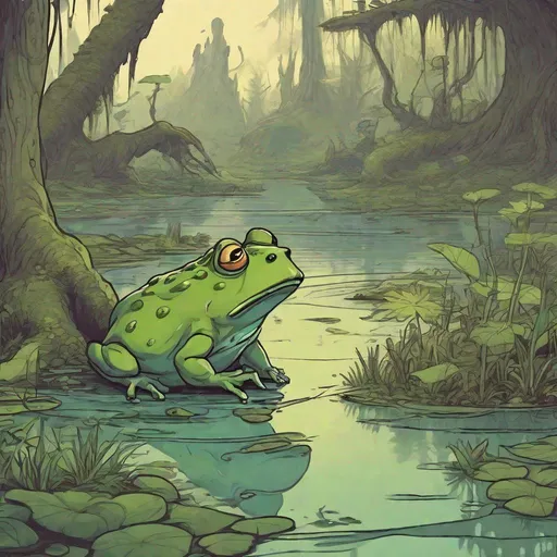 Prompt: fantasy swamp land with bullywug and giant king frog, dungeons and dragons style
