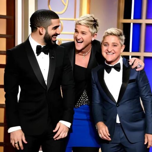 Prompt: Drake the rapper pushing Ellen Degeneres to the ground