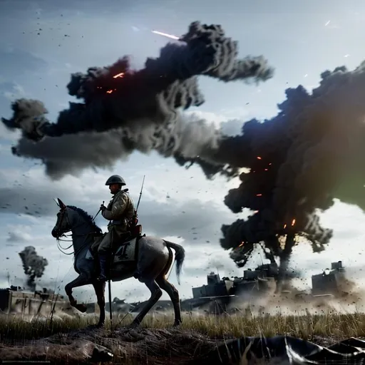 Prompt: Battlefield 1 cavalry on passchendaele in world war one, stands still on his horseback before the camera. Explosions on the horizon. Extreme long shot sacenery.