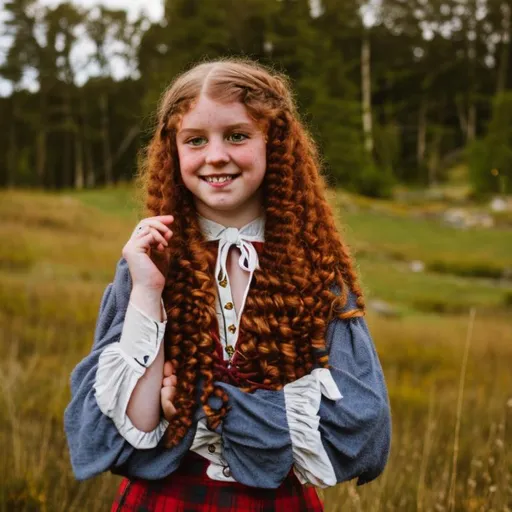  Cottagecore scotland lass red long curly hair, yello...