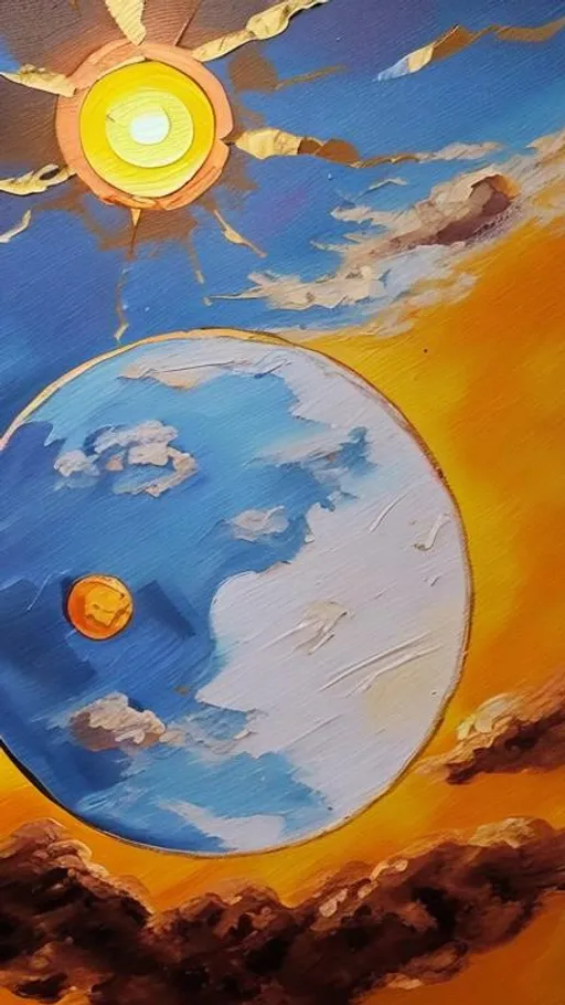 Prompt: Oil painting of the sun and the moon in the sky 