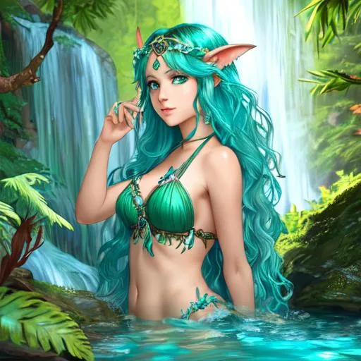 Prompt: a beautiful female nymph druid from D&D who lived in a pool by a waterfall in the middle of the forest, very small with light aquamarine skin, dark green-colored wavy hair, and coral-colored fins for ears, eyes a clear crystal blue