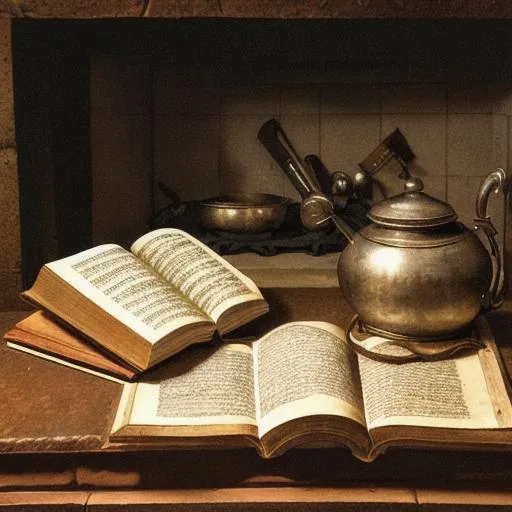 Prompt: An portrait of an ancient manuscript sitting on a table in a small kitchen in front of a fireplace