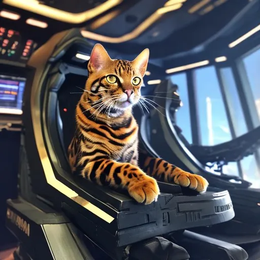 Prompt: Bengal cat is captain of Starship Enterprise in Vulcan sitting in captain's chair 