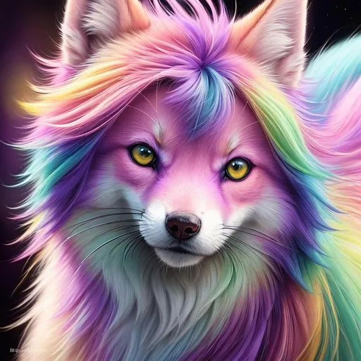 Prompt: {pink, purple, yellow, and mint green fox kit}, realistic, epic oil painting, pastel colors, (canine quadruped:1), large round purple eyes, hyper detailed eyes, (hyper real), furry, (hyper detailed), photorealism, extremely beautiful, playful, UHD, studio lighting, best quality, professional, extremely beautiful, glistening fur, fur glows like auroras, highly saturated colors, neon colors, masterpiece, ray tracing, cosmos, complementary colors, golden ratio, nebula background, 8k eyes, 8k, highly detailed, highly detailed fur, hyper realistic thick fur, (high quality fur), fluffy, fuzzy, full body shot, anime background, rear view, hyper detailed eyes, perfect composition, realistic fur, fox nose, highly detailed mouth, realism, ray tracing, soft lighting, complex background, highly detailed background, studio lighting, masterpiece, trending, instagram, artstation, deviantart, best art, best photograph, unreal engine, high octane, cute, adorable smile, lazy, peaceful, (highly detailed background), vivid, vibrant, intricate facial detail, incredibly sharp detailed eyes, incredibly realistic fur, concept art, anne stokes, yuino chiri, character reveal, extremely detailed fur, sapphire sky, complementary colors, golden ratio, rich shading, vivid colors, high saturation colors, silver light beams