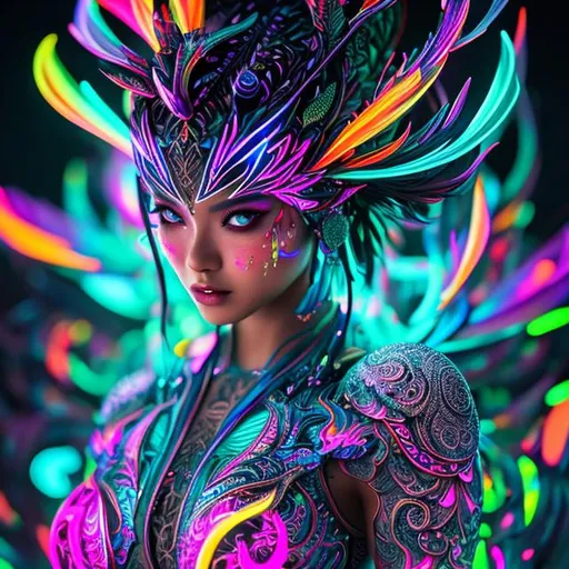 Prompt: neon art, full body tattoo, intricate detailed style of colourful, japanese gorgeous woman,  hyperdetailed Bioluminescent gases painting, heavy strokes, paint dripping glowing neon Bioluminescent paints and wild rift, sharp focus digital detailed by Mr Muz., Miki Asai Macro photography, close-up, hyper detailed, trending on artstation, sharp focus, studio photo, intricate details, highly detailed, by greg rutkowski, Broken Glass effect, no background, stunning, something that even doesn't exist, mythical being, energy, molecular, textures, iridescent and luminescent scales, breathtaking beauty, pure perfection, divine presence, unforgettable, impressive, breathtaking beauty, Volumetric light, auras, rays, vivid colors reflects