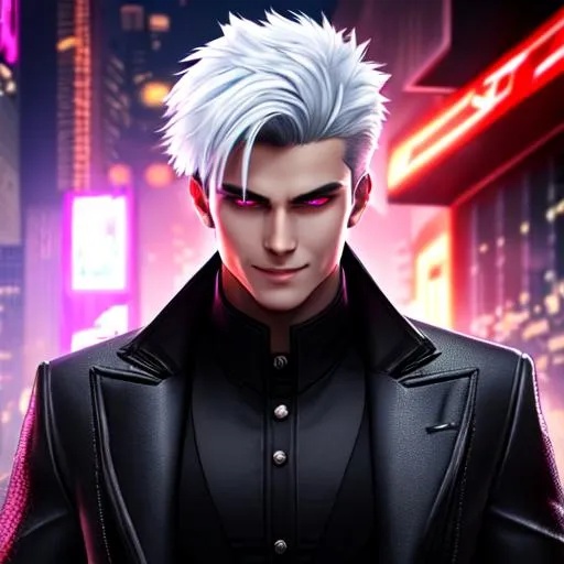 Prompt: 8k resolution ultra realistic full body  picture of handsome guy, wearing black long coat. He have short white hair. He have red glowing demon eyes and an evil smile in cyberpunk world