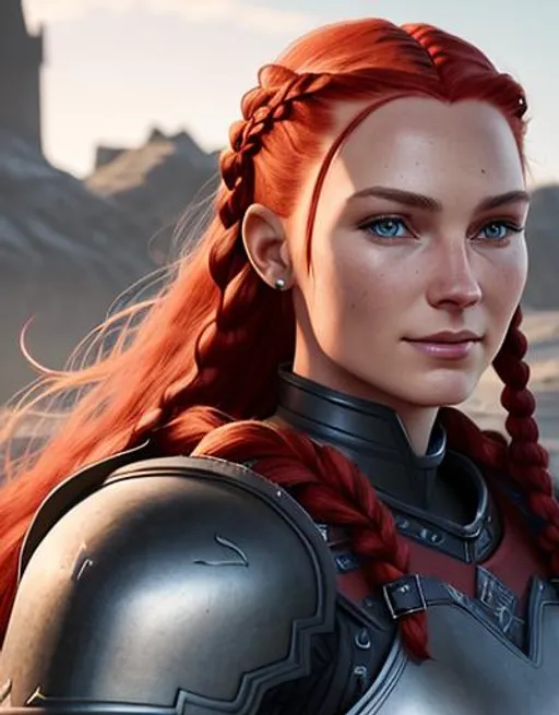 Prompt: Digital art, woman viking, cartoon likeness, subtle smile, red hair, cornrow braids, blue eyes, black gear, black armor, unreal engine 8k octane, 3d lighting, full body, full armor