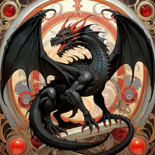 Prompt: a mighty black dragon with red eyes, four legs and two wings