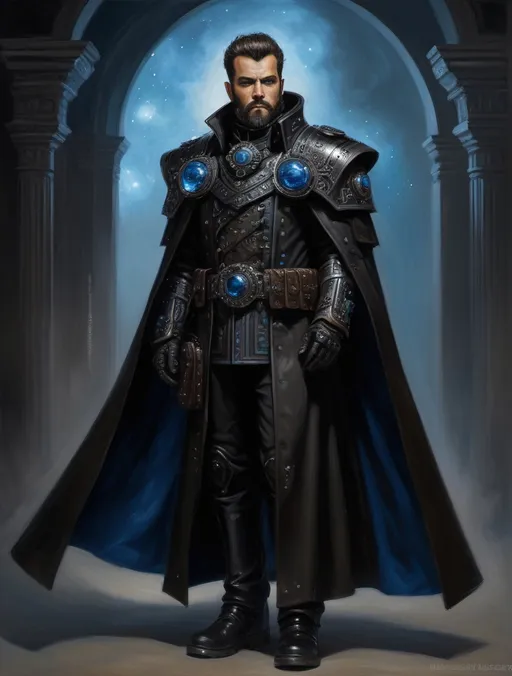 Prompt: full-body oil painting of male warhammer 40k psyker, short brown thick hair and full beard, worry lines, dark tones, (warhammer 40k psyker), black duster overcoat trench-coat, fierce expression, dark black gunmetal armor and clothes color, black gunmetal hi-tech epaulets with glowing blue gems, black gunmetal hi-tech gauntlets, armored black gunmetal hi-tech psyker breastplate with glowing blue gem, confident epic standing pose, ((highly detailed piercing brown eyes)), highly detailed facial features, utility pouches attached to belt, high gothic fantasy, imperium of man, 19th century impressionism brushwork, under-lit up-lit face, black gloves, painterly, black heavy-sole boots, black riding pants, (soft highlights), black gaiters, (psyker), wh40k highly detailed hands, painted, art, illustrated, painterly, painted, art, illustrated, duster lapels fastened to epaulets, studio lighting, black great-cloak with ornate galaxy blue lining,