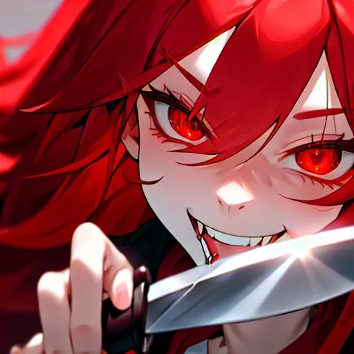 Prompt: Haley (long bright red hair) 8k, UHD, smiling sadistically, eyes wide open, licking the blade of the knife, close up