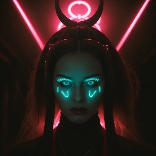 Prompt: beautiful female demon, hell, demonic, vaporwave, retro, neon, aesthetic, liminal, high quality, high definition, beautiful synthwave retro futuristic aesthetic with neon lights and cyber futuristic environment