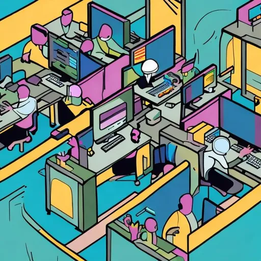 Prompt: Computer Workers in cubicles Colorful Scary Flat Comic Style abstract