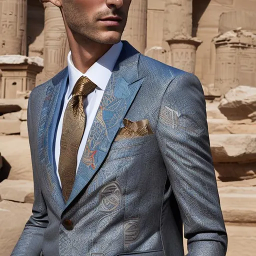 Prompt: Men's suit filled with pharaonic inscriptions mixed with a modern cut with Italian elegance