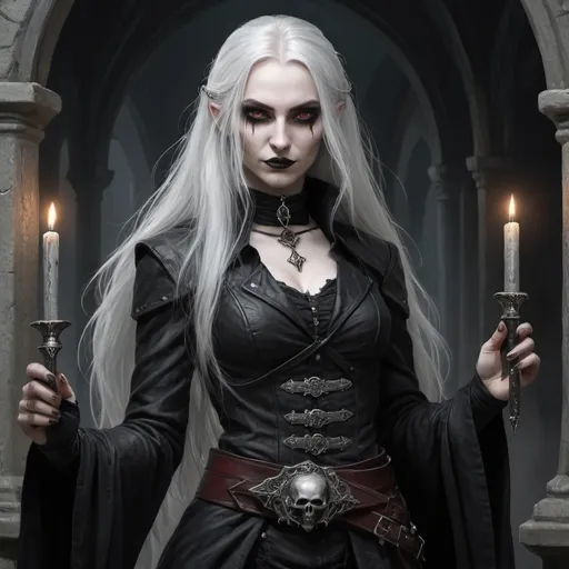 Prompt: Create a gothic inspired picture of a human dhampir from 5e ravenloft that is a thief who dual wields silver hand sickles. She has long silver hair and pale skin but is beautiful. She has a few alchemical grenades and daggers attached to her belt. Her face is slightly hidden with a sly smirk.