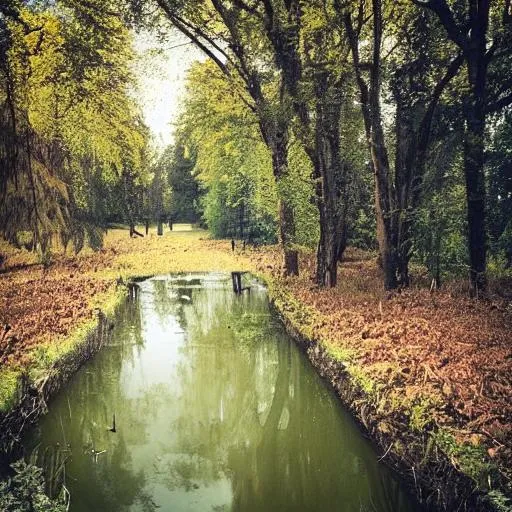 Prompt: Can you make a beautiful picture with a ditch in the middle of nature that ends up in a pond?
