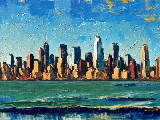 Prompt: Thick oil impasto York Skyline from 42nd Street Pier, thick oil impasto