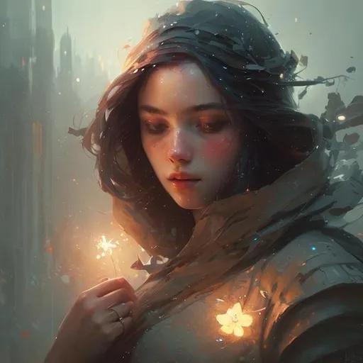 Prompt: "a beautiful painting of in the silent, starlit nights, beautiful flower, girl, by greg rutkowski, trending on artstation"