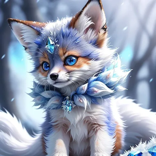 Prompt: (masterpiece, professional oil painting, epic digital art, best quality:1.5), insanely beautiful tiny ((fox kit)), (canine quadruped), ice elemental, silky silver-blue fur covered in frost, timid, ((insanely detailed alert crystal blue eyes, sharp focus eyes)), gorgeous 8k eyes, fluffy silver neck ruff covered in frost, two tails, (plump), fluffy chest, enchanted, magical, finely detailed fur, hyper detailed fur, (soft silky insanely detailed fur), presenting magical jewel, moonlight beaming through clouds, lying in frosted meadow, grassy field covered in frost, cool colors, professional, symmetric, golden ratio, unreal engine, depth, volumetric lighting, rich oil medium, (brilliant auroras), (ice storm), full body focus, beautifully detailed background, cinematic, 64K, UHD, intricate detail, high quality, high detail, masterpiece, intricate facial detail, high quality, detailed face, intricate quality, intricate eye detail, highly detailed, high resolution scan, intricate detailed, highly detailed face, very detailed, high resolution