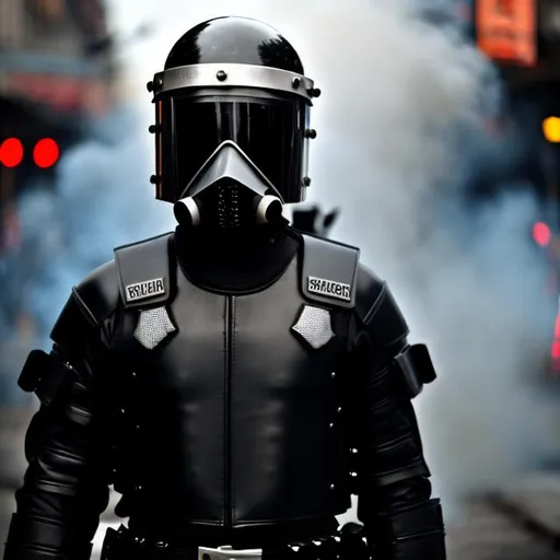 Prompt: photo, black and white riot officer with riot shield wearing a gas mask, leather outfit, zoomed in