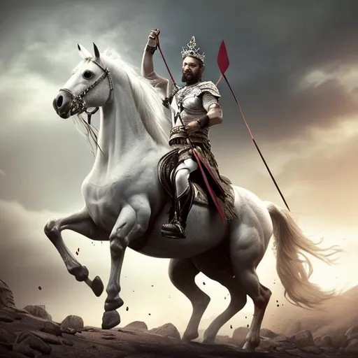 Prompt: A 33 year old man with a bow and a crown on a white horse. He went out to conquering and to conquer. photorealistic.