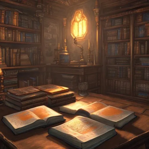 Prompt: orange and blue books on a brown table inside a library elder scrolls art