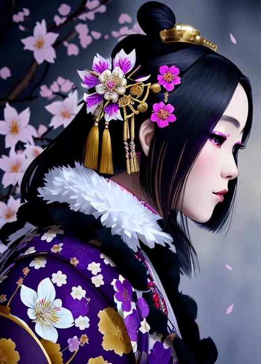 Prompt: High quality portrait of a Japanese Oiran. she is walking in a cherry blossom garden, She has lightly colored pale skin and is very beautiful. Her hair is black and is decorated with purple, silver, and gold hairpins. Her elaborate kimonos are white and purple with checkered patterns. She wears a blue spider lily on her left ear and wears a beautiful purple obi patterned with traditional Japanese mist colored white.