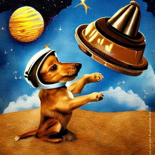 Prompt: Puppy in space playing with UFOs. Steampunk Art
