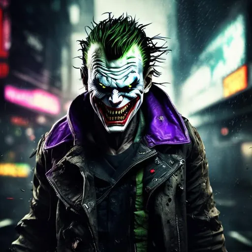 Prompt: Black, khaki and dark purple futuristic cyberpunk joker. Face scars. Sharp teeth. Tattoos. Muscular. Accurate. realistic. evil eyes. Slow exposure. Detailed. Dirty. Dark and gritty. Post-apocalyptic Neo Tokyo. Futuristic. Shadows. Sinister. Armed. Fanatic. Intense. Heavy rain. Explosion. Burning car in background