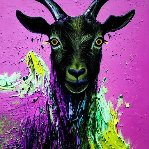 Prompt: abstract painting of a goat, in black, dark green, purple. 8k, dripping paint, paint spill, extreme detail, intricate detail, masterpiece, trending on artstation,