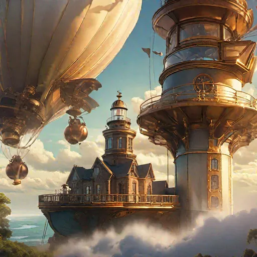 Prompt: steampunk landscape, Lighthouse, Zeppelins in sky, highly detailed, digital painting, artstation, hyperrealistic, sharp focus, illustration, art by artgerm and greg rutkowski and alphonse mucha, 8k, pretty eyes, award-winning cgi, blender, headshot