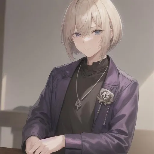 Prompt: {{{masterpiece}}}, 1man, male, adult man, Russian, INTJ, early 20s, amco, bangs at the side, closed mouth, black shirt and purple jacket, military necklace, final fantasy, blond hair, bob length, highres, skull jewelry, looking at viewer, short hair, beautiful detailed background, solo, upper body, shoulder wing, purple and black theme, {{gold trim}}, outdoor, winter background, studio light