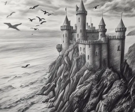 Prompt: Very detailed charcoal drawing of a castle on a cliff near the ocean, birds  flying