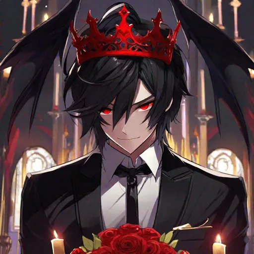 Prompt: Damien  (male, short black hair, red eyes) demon form, wearing a tuxedo, standing at the altar, biting his lip seductively, wearing a crown, holding a knife
