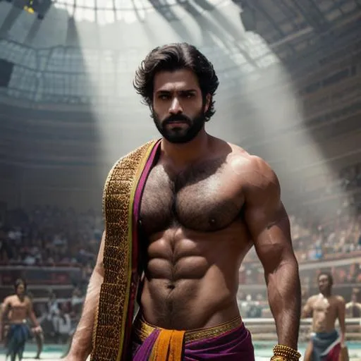 Prompt: scene of hyperreal beautiful sensual boy with handsome rage face, very hairy pecs and sensual calves, dhoti, shawl, arena, perfect composition, hyperrealistic, super detailed, 8k, high quality, trending art, trending on artstation, sharp focus, studio photo, intricate details, highly detailed, by greg rutkowski