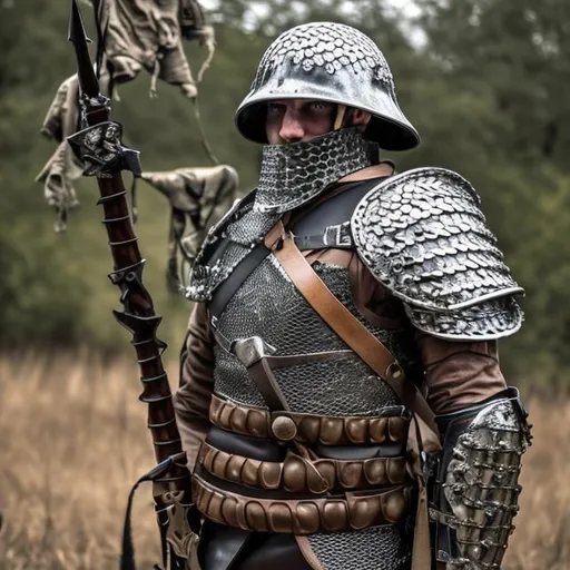 Prompt: A Soldier in armor that mixes WW1 helmets, Chainmail and leather, and a spear resting on its shoulder
