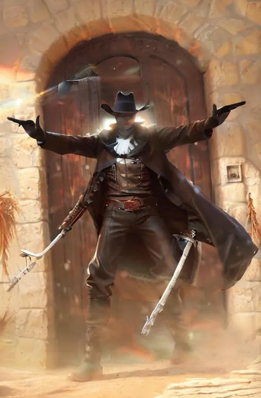 Prompt: Cyber Cowboy with 4 Arms, fiery red Poncho, Dressed in black duster and Stetson Cowboy Hat, with Red eyes, Haunting Presence, Intricately Detailed, Hyperdetailed, Desert Wild West Landscape, Dusty Midnight Lighting, Wild West Feel