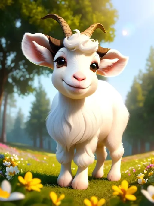 Prompt: Disney Pixar style goat baby, highly detailed, fluffy, intricate, big eyes, adorable, beautiful, soft dramatic lighting, light shafts, radiant, ultra high quality octane render, daytime forest background, field of flowers, hypermaximalist