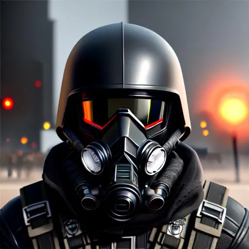 Prompt: selfie soldier wearing a black futurist gasmask black, platearmor black, masterpiece painting with detailed, battle background.