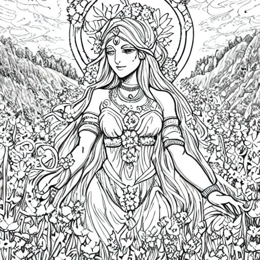 Prompt: Black and white coloring page of a goddess in a field of flowers