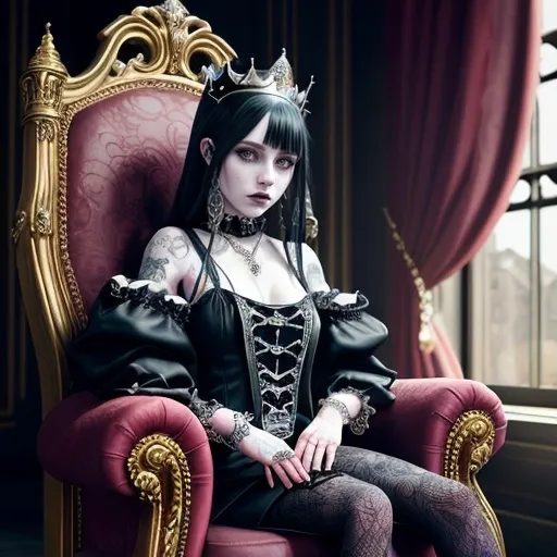 Prompt: a yung goth queen sitting in her throne, old luxury castle, main hall, detailed gem clothing, realistic, natural lighting