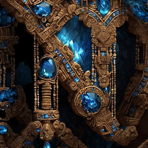 Prompt: ancient 3d mayan style with beautiful blue sapphire jewels embedded into it, HDR, 8k, intricate detail, 64k, digital painting, art station, fantasy art, 