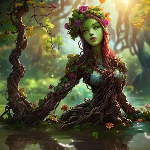 Prompt: Anime, Beautiful Treant woman, colorful flowers (wooden skin:1.3), brown straight vines, face made out of vines, flowers, waist deep in water, by wlop