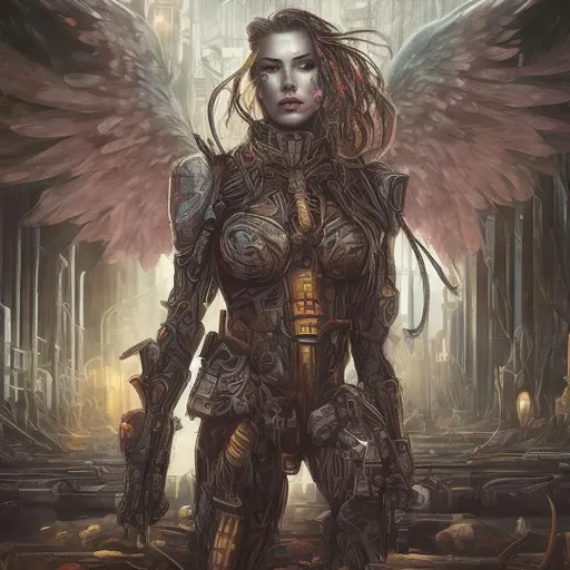 Prompt: Beautiful female angel of death, strong male warrior, embracing, radiation, Chernobyl, green, gothic, stalker, tattoos, cyberpunk, mech, red fire