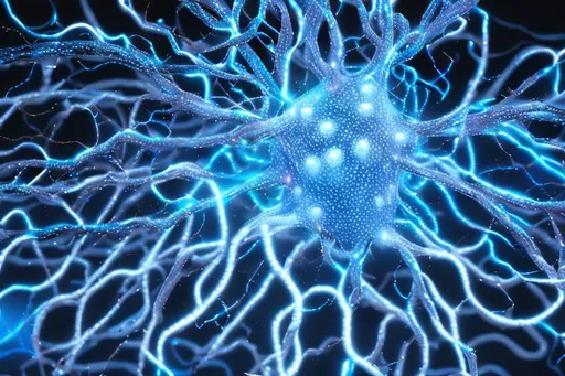 Prompt: a neuron, photorealistic, ultra realistic, 4k photography, dark background, underwater caustic light, and light particles, some blue lights particles, and tiny strings