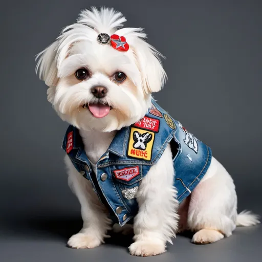 Prompt: Maltese dog wearing a heavy metal music denim vest with patches