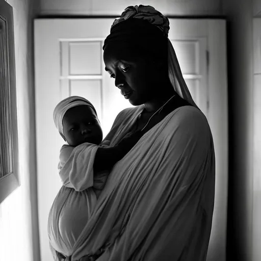 Prompt: A ghostly woman wearing headscarf, standing beside a dark bathroom, holds her infant girl on her shoulder.